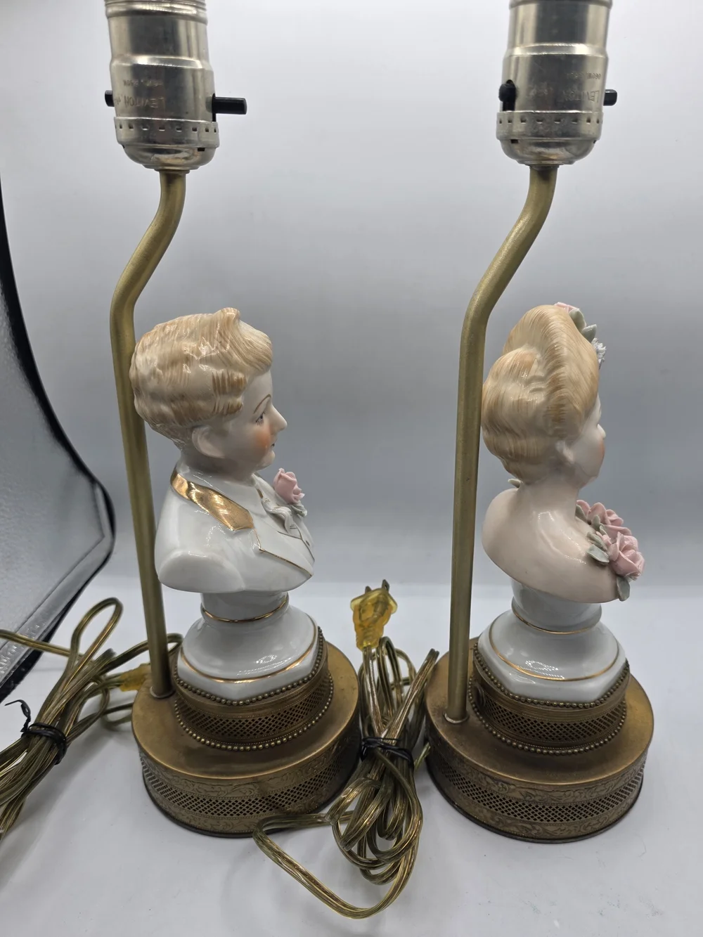 Vintage Porcelain Figural Bust Lamps with Pink Rose Accents